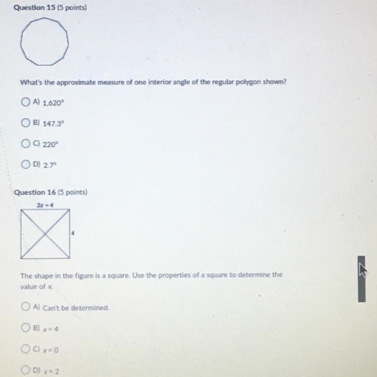 15.) whats the approximately measure of one interior angle of the regular polygon-example-1