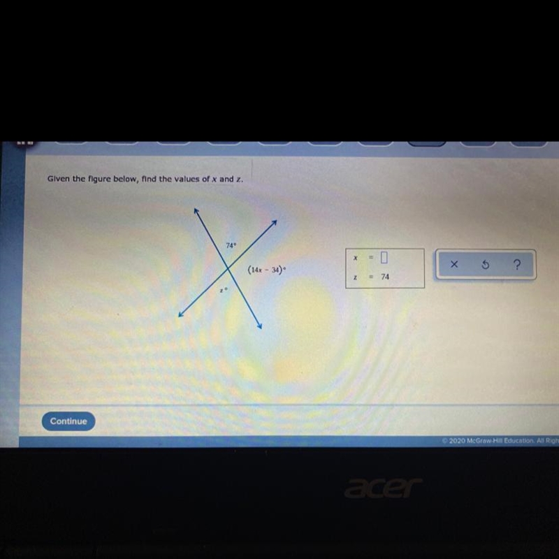 Given the figure below, find the values of x and z.-example-1