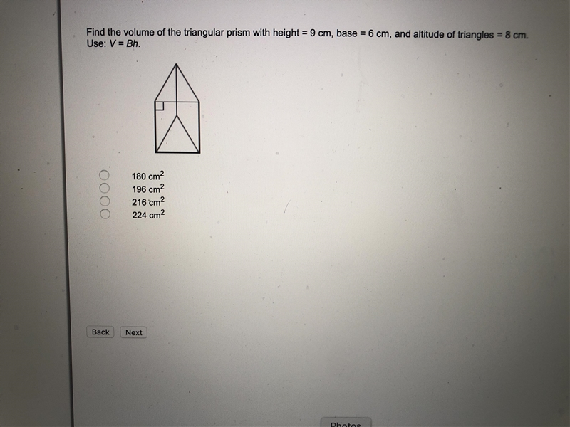 Find the volume of the triangular prism with height=9 cm, base=6cm, and altitude of-example-1