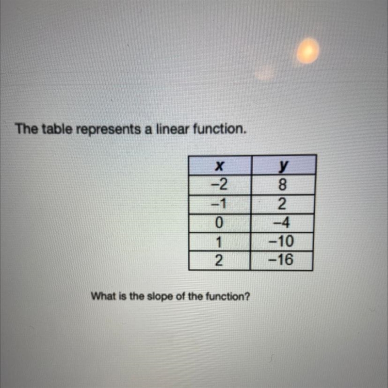 8. . The table represents a linear function. What is the slope of the function?-example-1