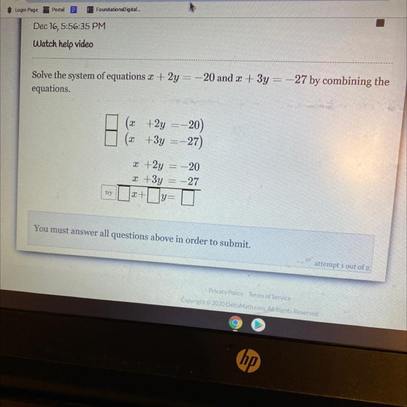 Solve the system of equations 2 + 2y = -20 and x + 3y = -27 by combining the equations-example-1