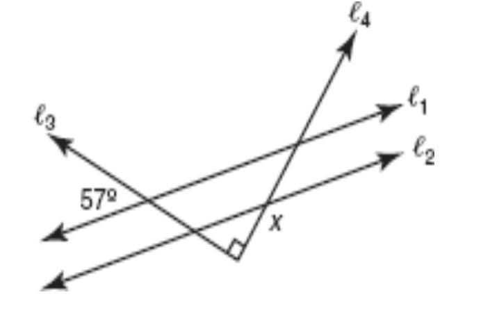 In the figure shown, What is the value of x? a. 57° b. 123° c. 33° d. 147°-example-1