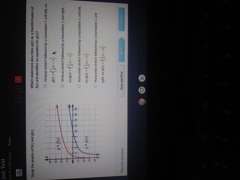 Study the graphs of f(x) and g(x). Which statement describes g(x) as a transformation-example-1