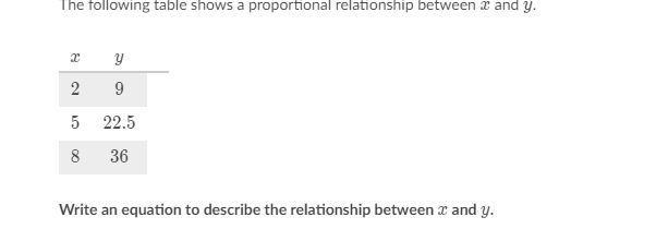 I NEEEED HELP RN the following table shows a proportional relationship. x y 2 9 5 22.5 8 36 write-example-1