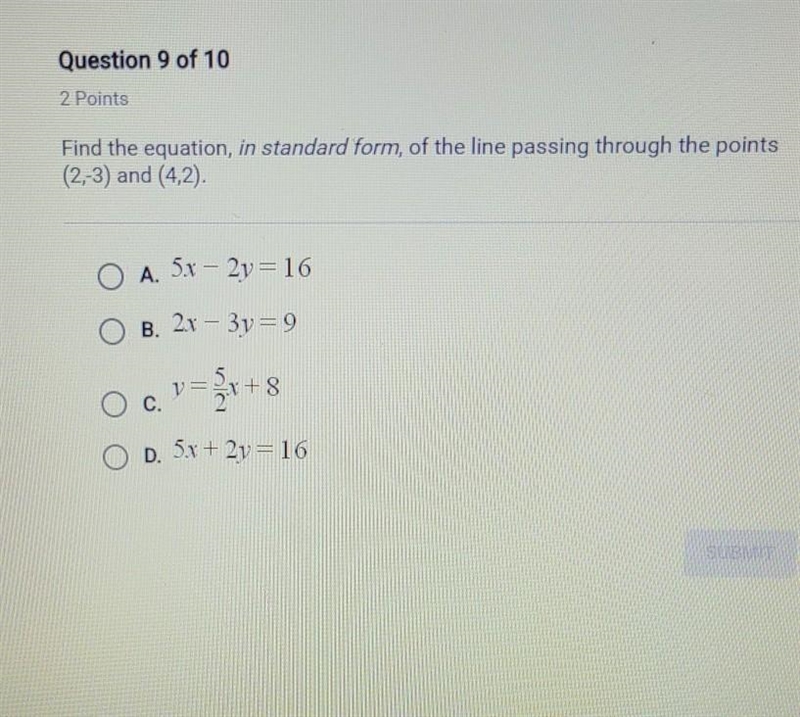 Find the equation in standard form of the line passing through the points (2, negative-example-1