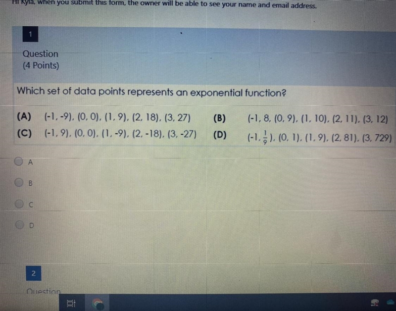 Which set of data points represents an exponential function?-example-1