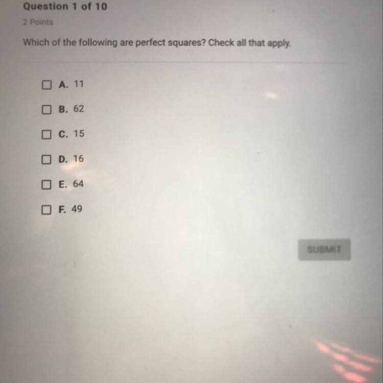 Which of the following are perfect squares? Check all that apply.-example-1