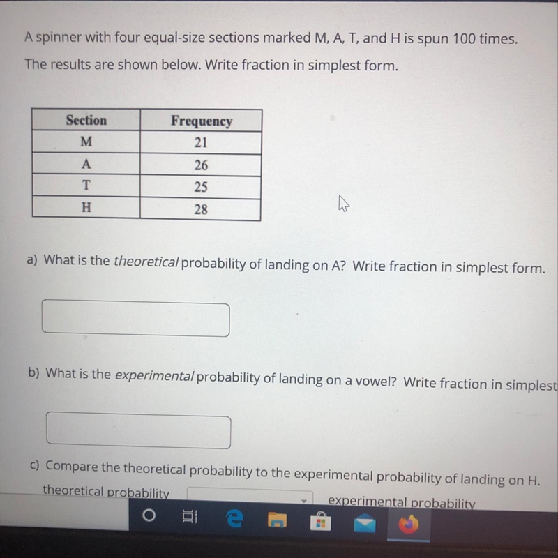 A) what is the theoretical probability of landing on A ? write fraction in simplest-example-1