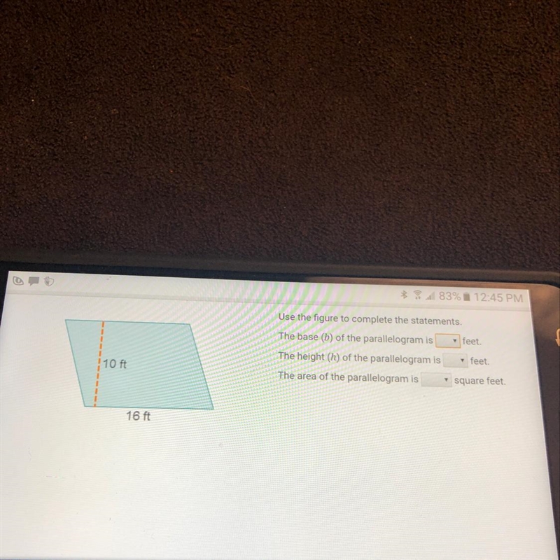 What is B H and area of the parallelogram-example-1