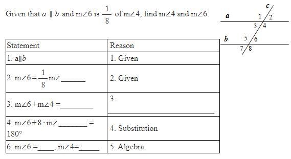 Please help me, I'm really confused. Given that a ∥ b and m∠6 is 1/8 of m∠4, find-example-1