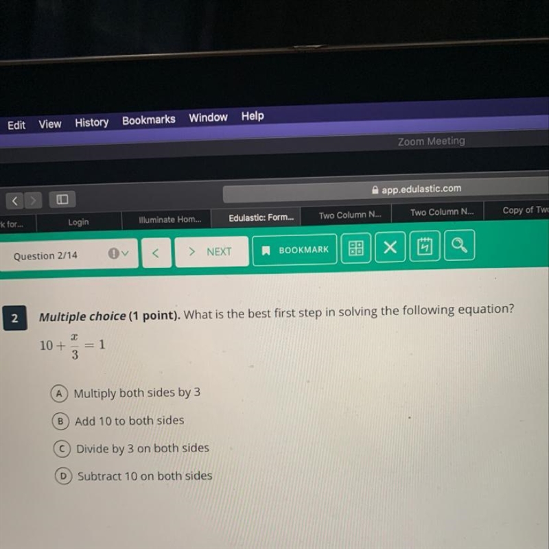 Whats the best first step in solving the following equation?-example-1