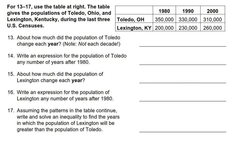 PLEASE HELP!!!! For 13–17, use the table at right. The table gives the populations-example-1