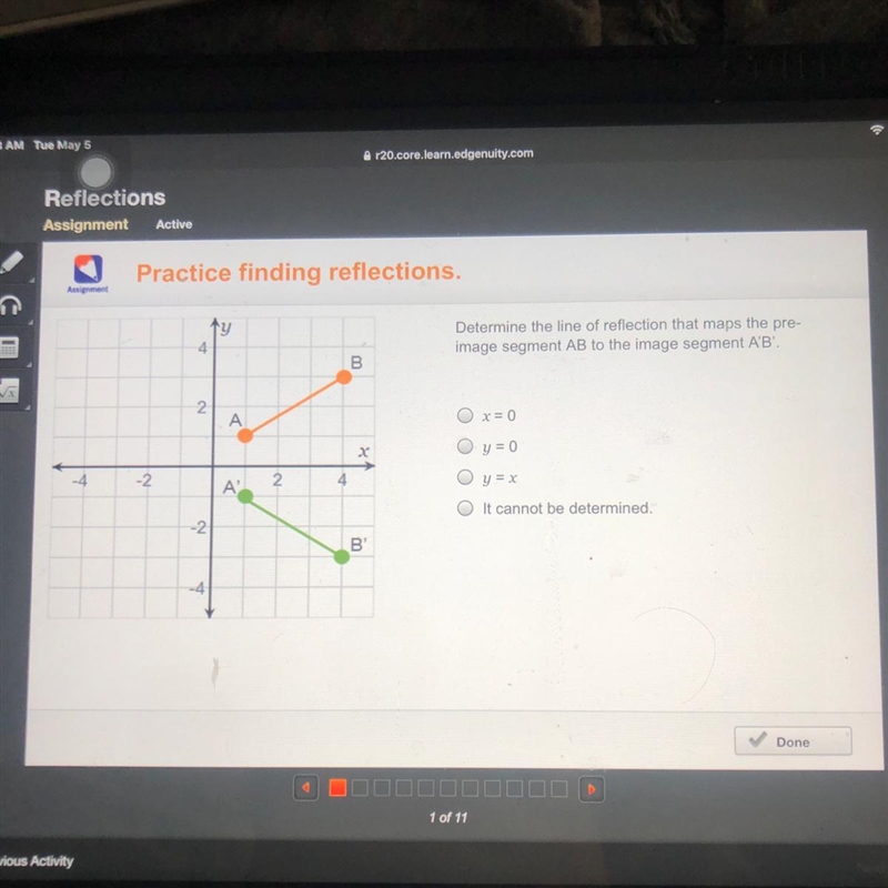 Determine the line of reflection that maps the pre- image segment AB to the image-example-1