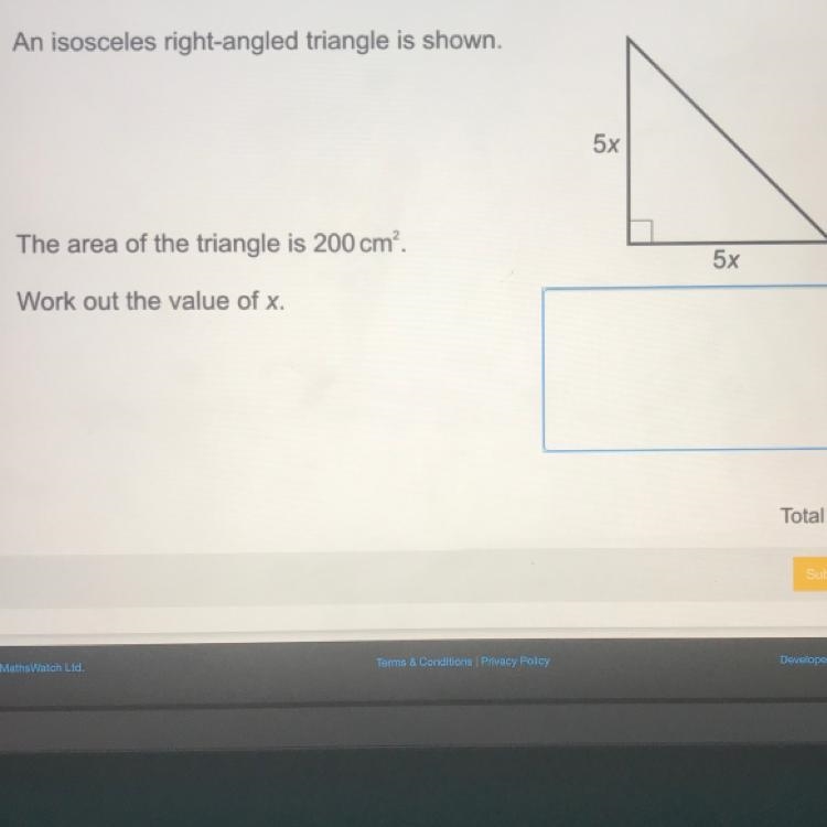 An isosceles right-angled triangle is shown. The area of the triangle is 200 cm?. Work-example-1