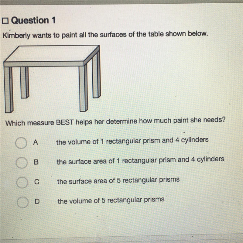 Kimberly wants to paint all the surfaces of the table shown below. Which measure BEST-example-1