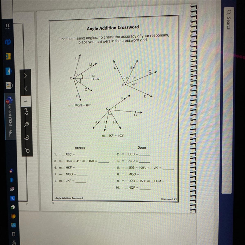 Angle Addition Crossword Find the missing angles. To check the accuracy of your responses-example-1