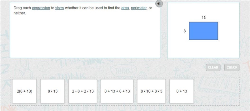 Drag each expression to show whether it can be used to find the area, perimeter, or-example-1