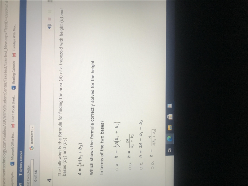 The following is the formula for finding the area (A) of a trapezoid with height (h-example-1