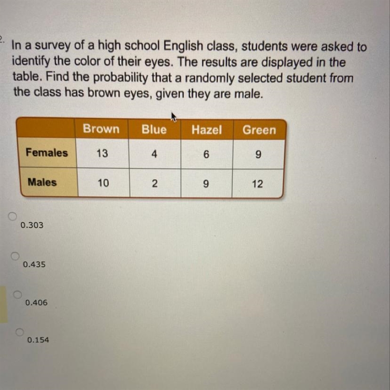 Need help on math question thanks A) 0.303 B) 0.435 C) 0.406 D) 0.154-example-1