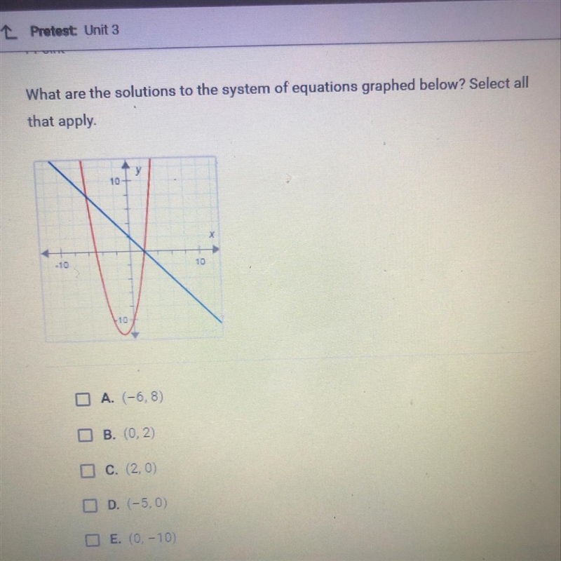 What are the solutions to the system of equations graphed below? Select all that apply-example-1