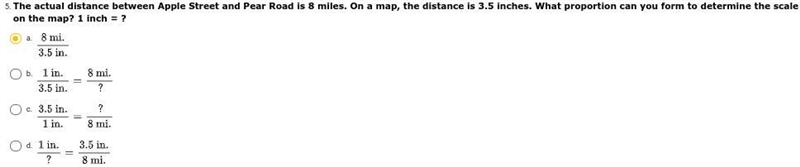 The actual distance between Apple Street and Pear Road is 8 miles. On a map, the distance-example-1