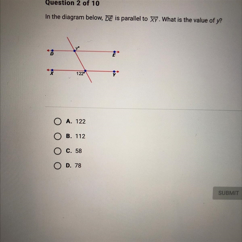 In the diagram below, DE is parallel to XY. What is the value of y?-example-1