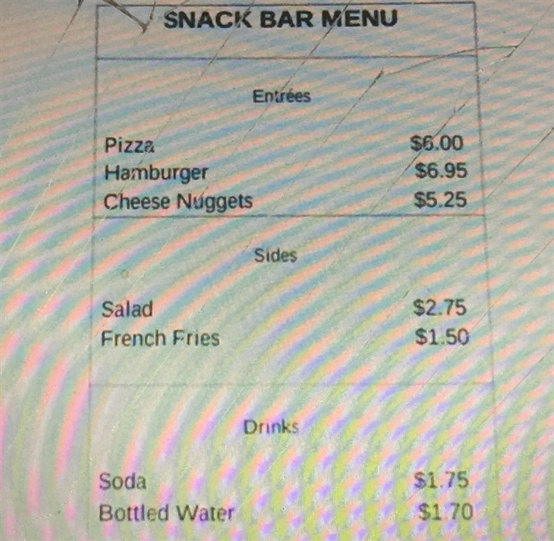 Deidre bought one entrée, one side, and one drink at the snack bar. Spent $10.40. Which-example-1