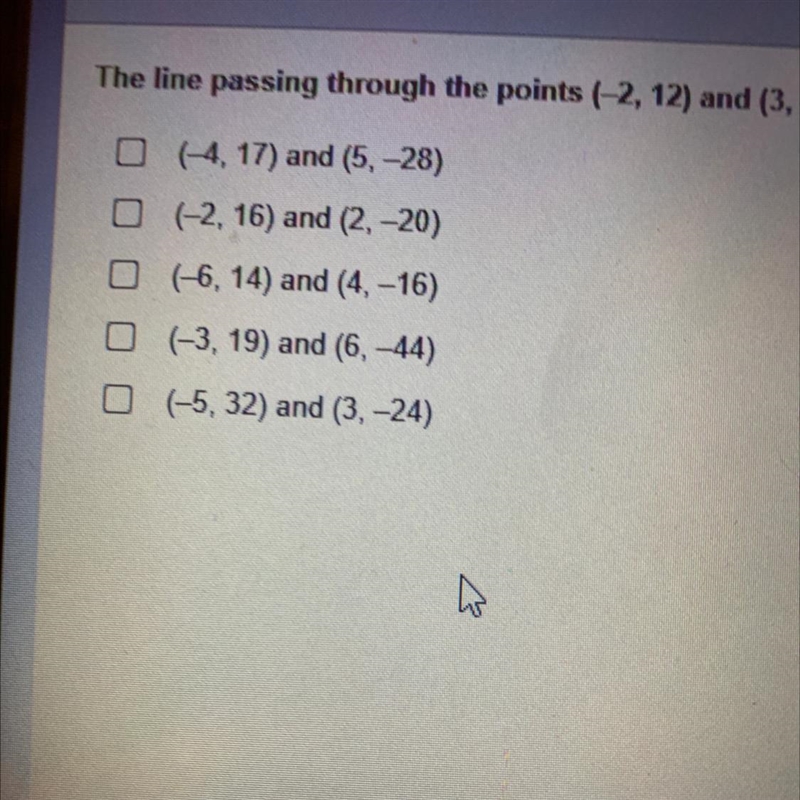 the line passing through the points (-2,12) and (3, -23) intersects the line passing-example-1