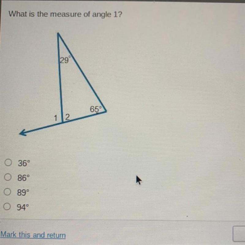 GIVING 45points What is the measure of angle 1? 129 65 12 36° 086° 0899 094°-example-1