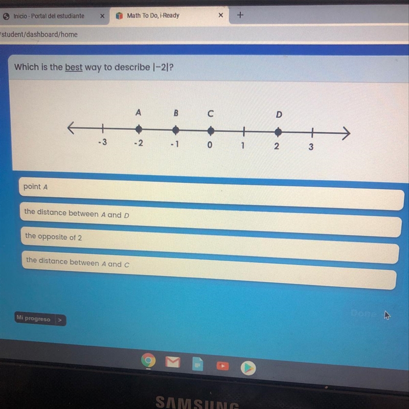 Which is the best way to describe 1-2 ? -3 -2 -1 0 1 2 3 point A the distance between-example-1