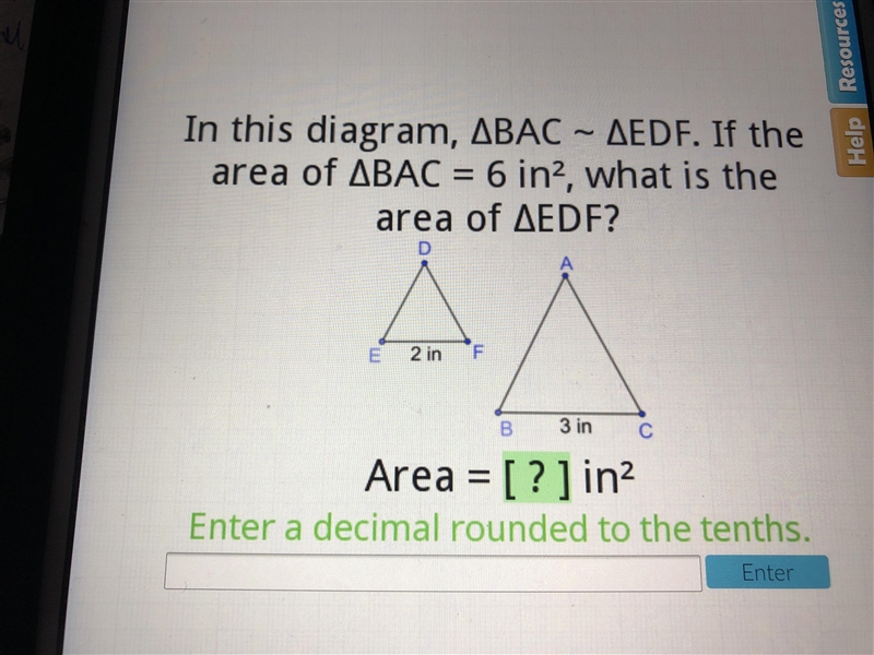 In this diagram, bac~edf. if the area of bac= 6 in.², what is the area of edf? PLZ-example-1