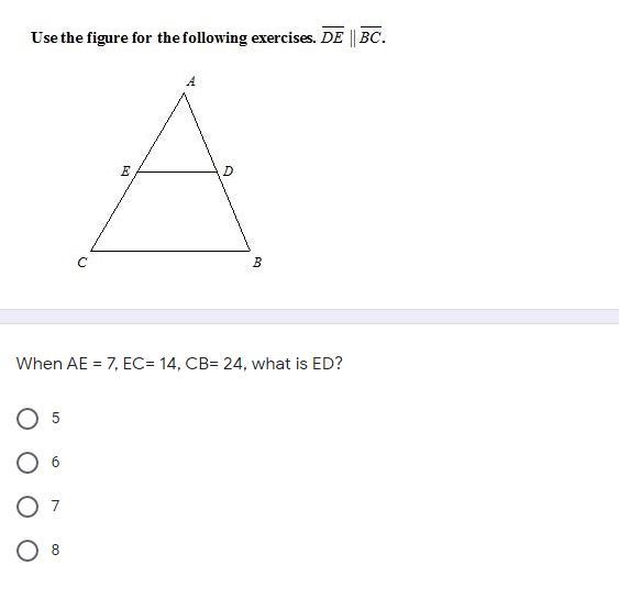 When AE = 7, EC= 14, CB= 24, what is ED?-example-1