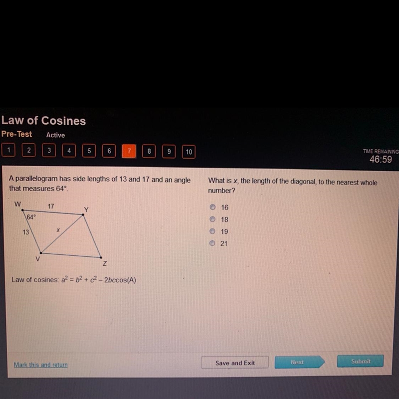 What is x, the length of the diagonal, to the nearest whole number-example-1