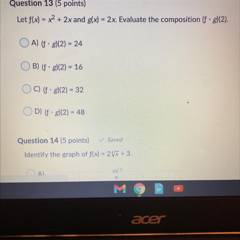 Let f(x) = x2 + 2x and g(x) = 2x. Evaluate the composition (f. g)(2). OA) (f. g)(2) = 24 OB-example-1