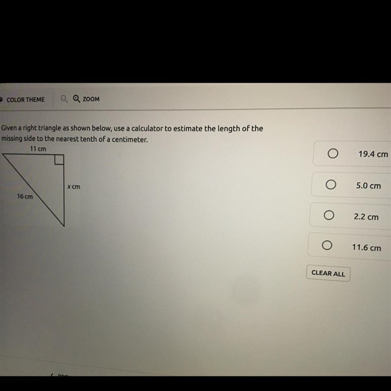 7. Given a right triangle as shown below, use a calculator to estimate the length-example-1