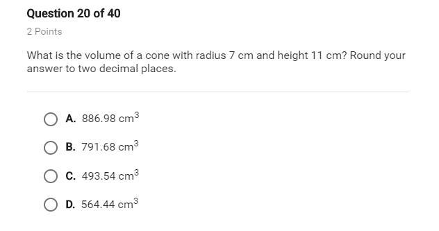 What is the volume of a cone with radius 7 cm and height 11 cm? Round your answer-example-1