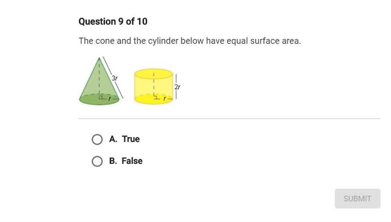 PLEASE HELP FAST!! The cone and the cylinder below have equal surface area. True or-example-1