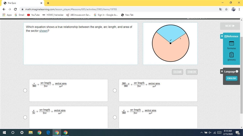 Which equation shows a true relationship between the angle, arc length, and area of-example-1