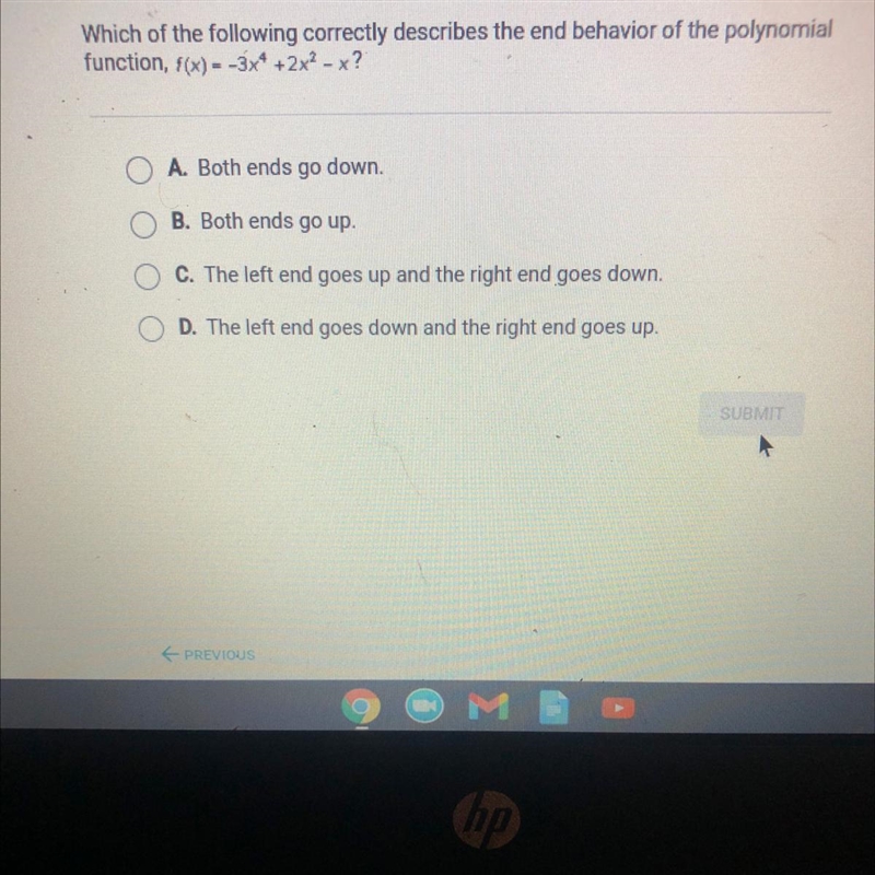 Which of the following correctly describes the end behavior of the polynomial function-example-1