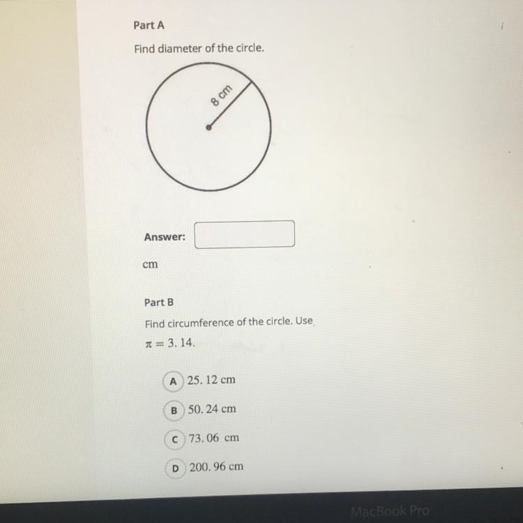 Part A - find the diameter of the circle? Part B - Find the circumference of the circle-example-1