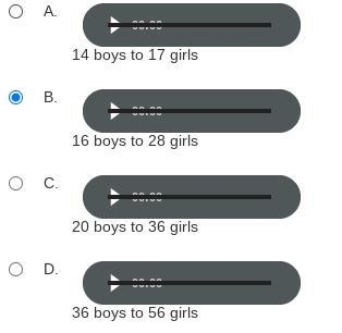 The middle school band has a boy to girl ratio of 4:7. Which of the following ratios-example-1