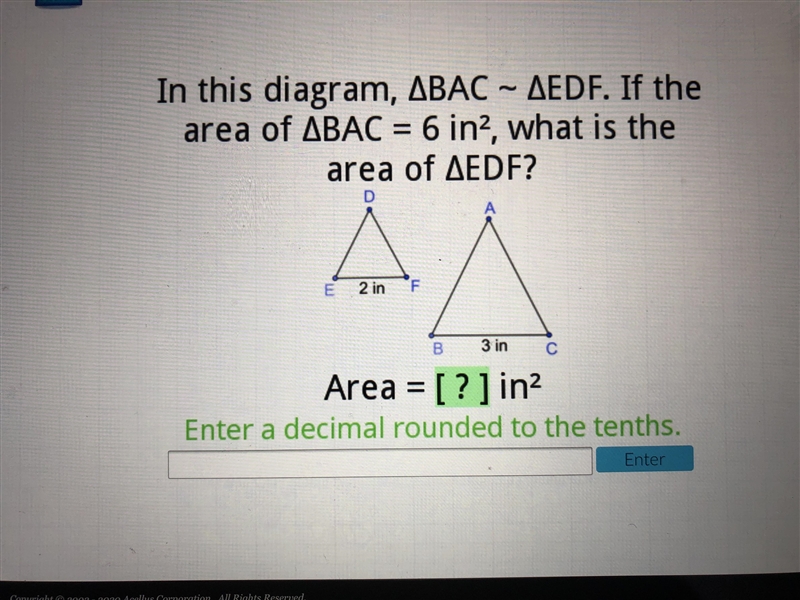 In this diagram, bac~edf. if the area of bac= 6 in.², what is the area of edf? PLZ-example-1