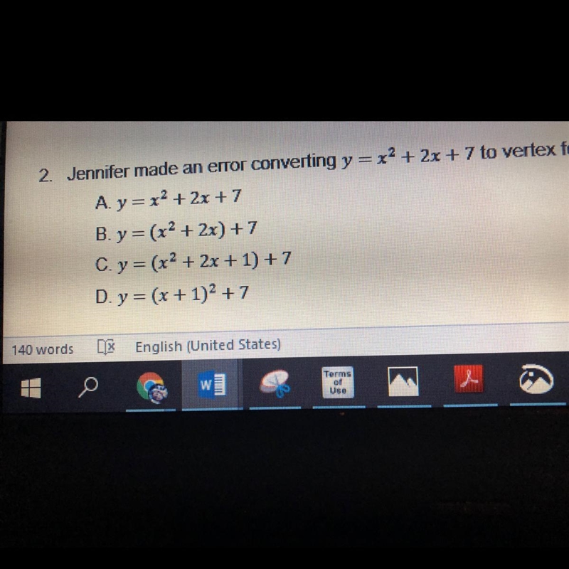 Jennifer made an error converting y=x^2 + 2z +7 to vertex form. In which step sis-example-1