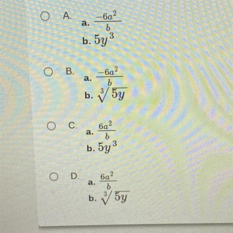 What is the simplified form of the expressions? a. -6a^2b^-1 b. 5/y^-3-example-1