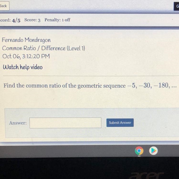 Find the common ratio of the geometric sequence –5,–30, -180,...-example-1