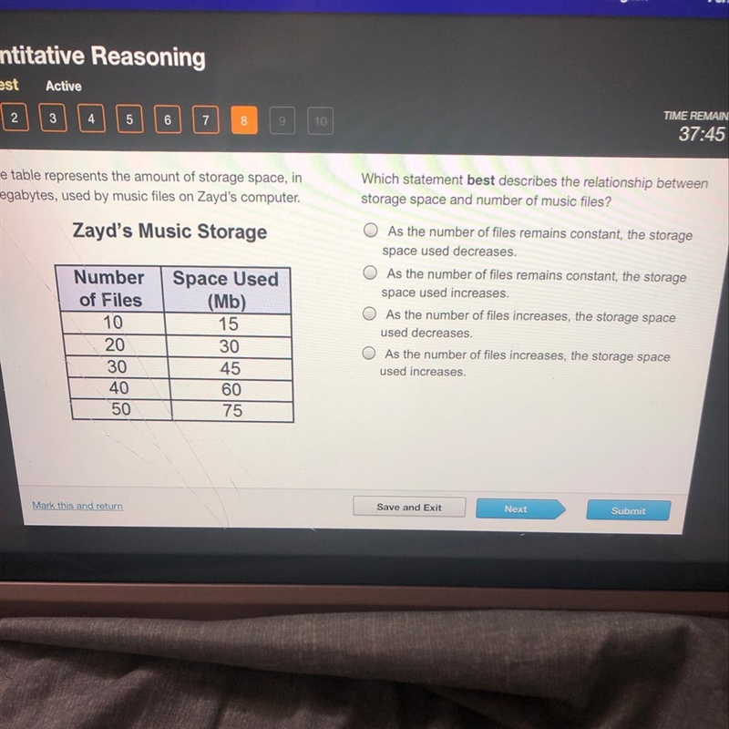 Which statement best decribes the relationships between storage space and number of-example-1