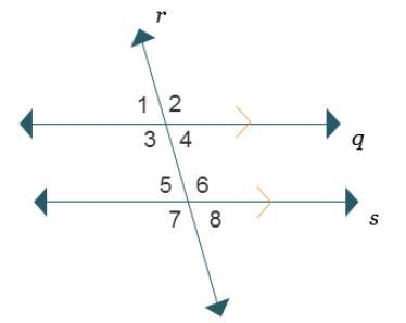 Consider parallel lines cut by a transversal. Parallel lines q and s are cut by transversal-example-1