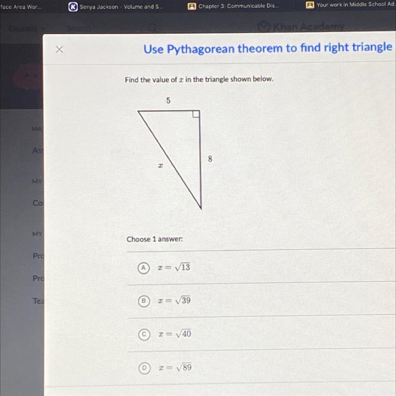 Find the value of x in the triangle shown below. 5 8 X-example-1