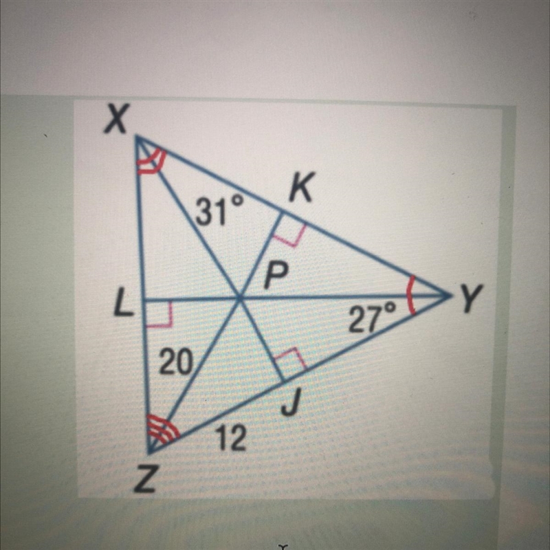 The angle bisectors of triangle XYZ meet at point P. What is the measure of angle-example-1