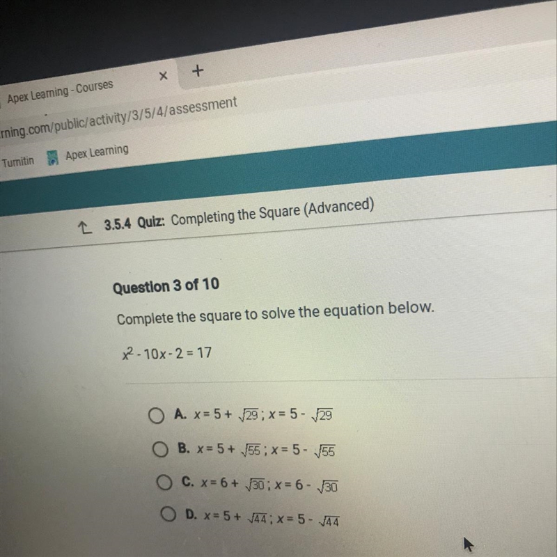 Question 3 of 10 Complete the square to solve the equation below. x2-10X-2 = 17-example-1